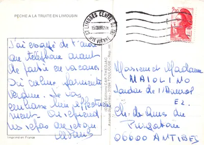 Pêche à la truite en Limousin — scène de pêche à la truite en rivière, éditeur (06) Editions de Barreau — Verso