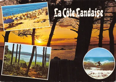 La Côte Landaise — paysage côtier avec plage, forêt et surfeur — Imprimerie Mâcon