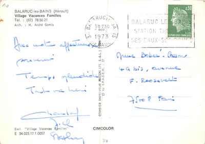 Balaruc-les-Bains — Vue du parc et des bâtiments de l'établissement « Village Vacances Familles » — Imprimeur CIMCOLOR — Verso