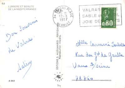 Pamiątka z Morza Śródziemnego — krajobraz morski, żółte kwiaty i rybak — Éditions S. Audumares, nr 4563 — Rewers