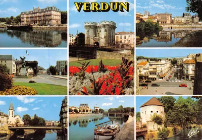 Verdun — vue panoramique avec tours, fleurs et monuments — Éditeur ESTEL, n° 9224 W