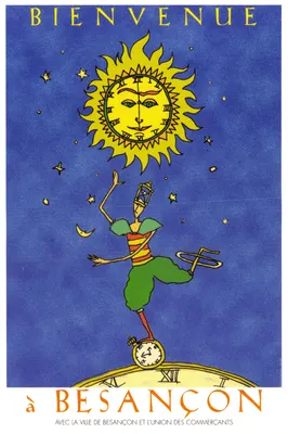 Bienvenue à Besançon — illustration avec soleil et horloge — éditeur : La Ville de Besançon et l'Union des Commerçants