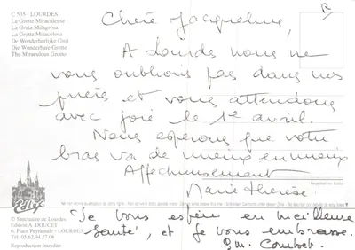 Grotta di Lourdes — statua della Vergine e candela innevata — Edizione A. DOUCET — Verso