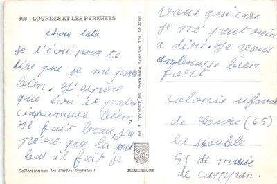 Lourdes i Pireneje — widok panoramiczny gór z nazwami budynków i szczytów — Éd. A. DOUCET, Pl. Peyramale — Rewers