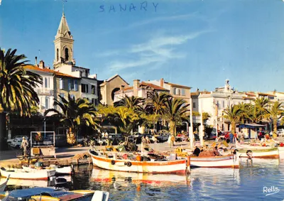 Sanary-sur-Mer — vista do porto com igreja e palmeiras — Edições Rella