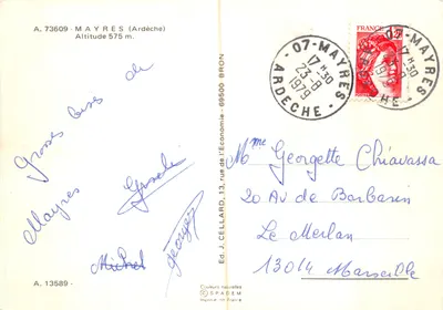 Mayres — vue panoramique avec église, pont et village — Ed. J. Cellard — Verso