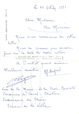 Beauchaire — widok panoramiczny kanału, zamku i mostu — wydawca COMBIER IMP. MACON (S.-et-L.) — Rewers