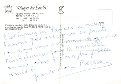 Folklore Landais — scène de danse traditionnelle devant une maison à colombages — Éditions Art Vignes, 40260 Castets — Verso