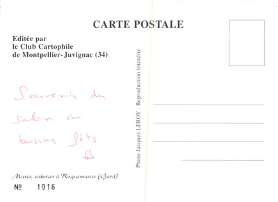 Montpellier-Juvignac — szkliarz w trakcie szkliania pnia drzewa — wydane przez Klub Kartofilowy Montpellier-Juvignac — Rewers