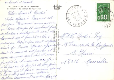 La Vallée de l'Ardèche — vue panoramique avec village et route — Éditions J. CCELLARD — Verso