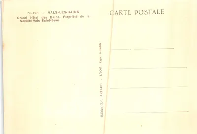 Vais-les-Bains — Grand Hôtel des Bains — éditeur G.-L. Arlaud, Lyon, n° 1401 — Verso
