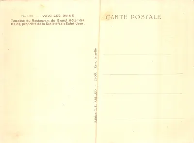 Terrasse du Restaurant du Grand Hôtel des Bains — Vals-les-Bains — Édition G.-L. Arlaud, Lyon — Verso