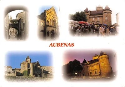Aubenas — vue de la ville avec édifice religieux, marché et château — Ed. D. PIGNOL