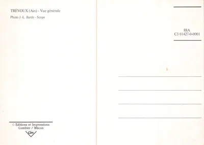 Trévoux — ogólny widok wioski nad wodą — Éditions et Impressions Combier / Mâcon, n° C3 01427-0-0001 — Rewers