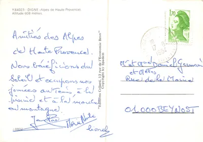 Digne — widok panoramiczny z placu, restauracji La Chauvinière, mostu i basenu — Éditions Spadem — Rewers