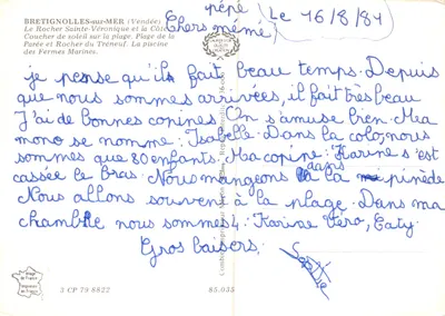 Bretignolles-sur-Mer — vista da praia, do Rocher Sainte-Véronique, de um veleiro ao pôr do sol e da piscina — editor Combi Impressor da França — Verso