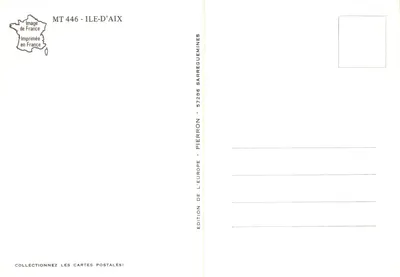 Ile d'Aix — vue de la passerelle, du phare, de la plage et du village — éditeur Éditions Sarreguemines, n° MT 446 — Verso