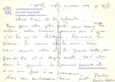 Le Château d'Assas — Vue du château entouré d'arbres — Éditions 'Les Cévennes Touristiques' n°151.748 — Verso