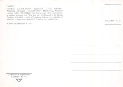 Doubs — cartolina turistica con vista dei suoi siti e della rete stradale — Éditions et Impressions Combier / Mâcon — Verso
