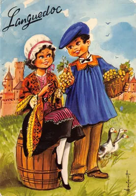 Languedoc — crianças colhendo uvas perto de um castelo — Éditions LYONCOLOR