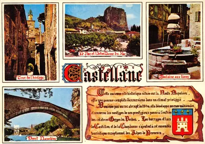 Castellane — vista panorâmica com Torre da Torre do Relógio, Roc e Nossa Senhora do Roc, Fonte dos Leões, Ponte Napoleão — editor PHOTOCLY, n° H. 384