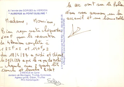 Pousada do Point-Sublime — Gorges do Verdon — editor: a 17 km de Castellane pela RD 952 — Verso