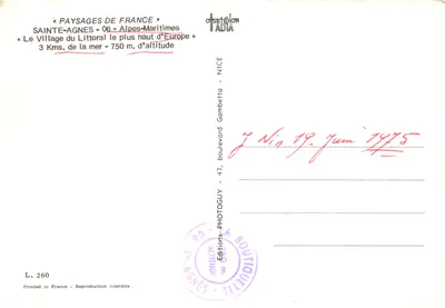 Sainte-Agnès — het hoogste kustdorp van Europa — uitgever OSET GLOR ADIA, nr. L. 260 — Achterkant