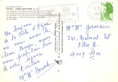 A Côte d'Azur — Praias e boulevards Guilliaumont e Baudoin — Edições d'arte Yvon-Arcuelli — Verso