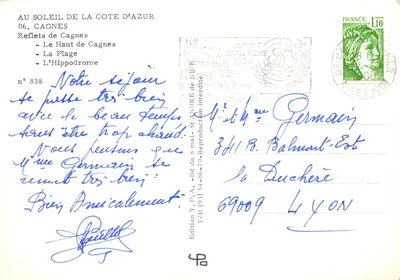 Cagnes-sur-Mer — vista da praia, do alto da cidade e do hipódromo — Edição Y.P.A. n° 838 — Verso