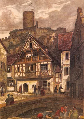 Kayserberg — Lavadeiras às margens da Weiss, sob o donjon do castelo construído em 1226 — Edições S.A.D. - Agência de Estrasburgo