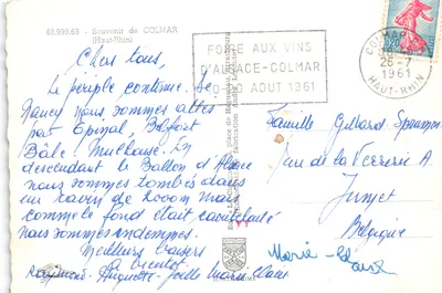 Colmar — widok placu Republiki z fontanną, placu Zamku, kanału i domów z belkami — wydawca 'Souvenir de COLMAR' nr 68.999.63 — Rewers