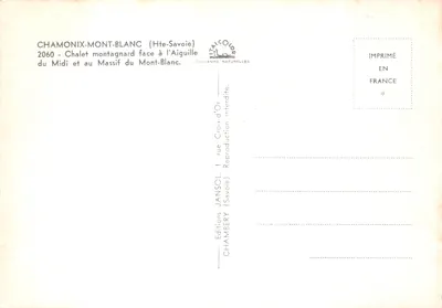 Chalet górski — widok na Aiguille du Midi i masowy Mont-Blanc — Éditions JANSOL, Chambéry — Rewers