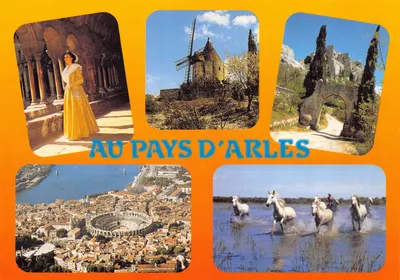 No País de Arles — vista panorâmica do teatro antigo, moinho de vento, ruínas, cavalos na água e mulher com vestido amarelo — editor Mirecille