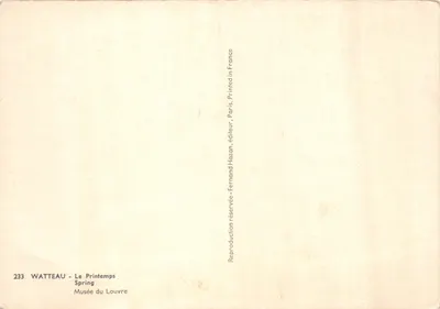 Siedząca kobieta z koszykiem — reprodukcja dzieła Watteau — wydawca Fernand Hazan — Rewers
