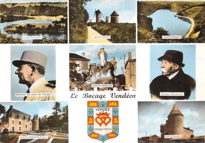Le Bocage Vendéen — vista panorâmica com retratos do Maréchal De Lattre de Tassigny e Georges Clemenceau, editor ÉDITIONS GABY, N° de série não visível