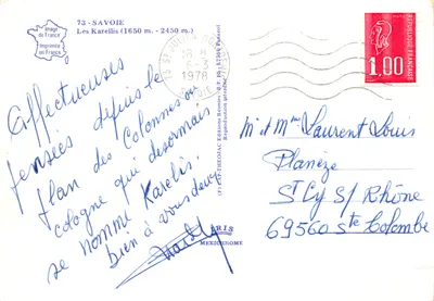 Les Karellis — widok panoramiczny z śniegiem — Éditions Reunies, B.P. 15, 87300 Pânazol — Rewers