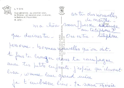 Lyon — widok z lotu ptaka z Rhońskim i Saôną — Wydawnictwo LYONCOLOR, nr R. 472 — Rewers