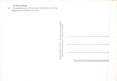 Vue générale de la Principauté de Monaco, du Cap-Martin et de la Côte Italienne — Éditions Rella, Nice — Verso