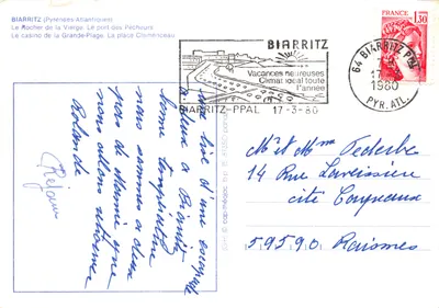 Biarritz — Rocher de la Vierge, Port des pêcheurs, Casino de la Grande Plage, Place Clémenceau — editor (G-H) © cap-théâlac b.p. 15 87350 pénal — Verso