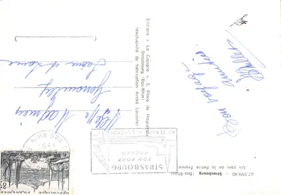 Strasbourg — wąska ulica z domami z cegły z cegły z cegły — wydawca La Cigogne — Rewers