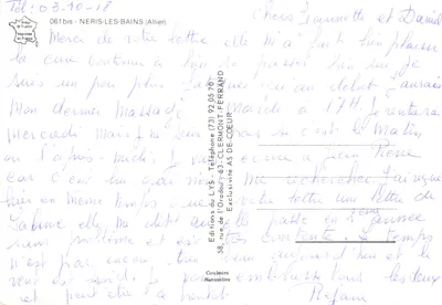 Neris-les-Bains — vista da prefeitura, da fonte e do parque — Éditions LYS — Verso