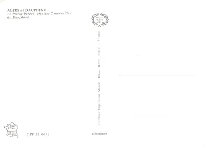 La Pierre Percée — arcos naturais no Dauphiné — editor Combière Imprimeur Mâcon, n° 37-000 — Verso