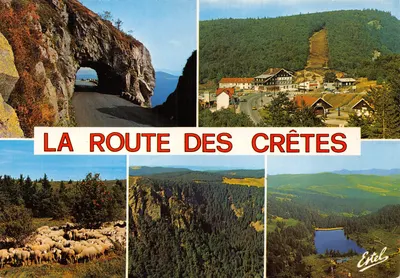 A Estrada das Crêtes — vista panorâmica com túnel, aldeia, rebanho de ovelhas e lago — editor Ertel