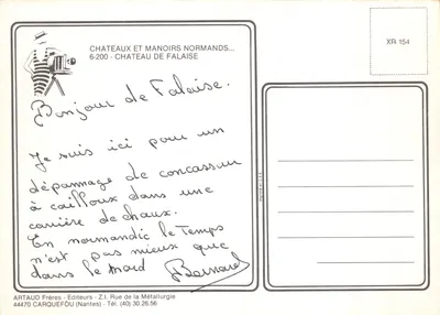Castelo de Falaise — ruínas sobre um promontório rochoso — editor ARTAUD Frères, n° XR 154 — Verso
