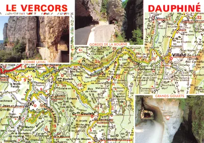Le Vercors — Dauphiné — Carte touristique avec carte topographique et photos de gorges et grottes