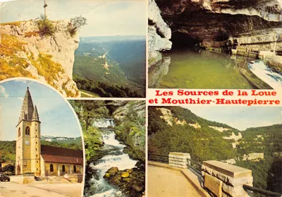 As Fontes da Loue e Mauthier-Haute Pierre — vista panorâmica, gruta, igreja e cachoeira — Ed. J. Cella, D.9547