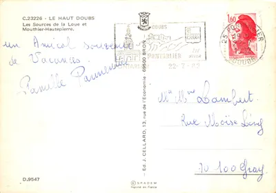 As Fontes da Loue e Mauthier-Haute Pierre — vista panorâmica, gruta, igreja e cachoeira — Ed. J. Cella, D.9547 — Verso