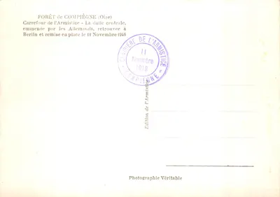 Komemoracyjna płyta Armistycy — Las Compiègne — wydawca Clairière de l'Armistice — Rewers