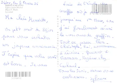 Dijon — widok katedry Świętego Benignusa w nocy, dom z cegły i kanał — Éditions Combier - Macon — Rewers
