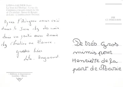 Lons-le-Saunier — Torre da Relógio, rua do Comércio, estátua de Rouget, estabelecimento Termal — Éditions et Impressions Combier / Mâcon, n° C3 39300-0-0050 — Verso